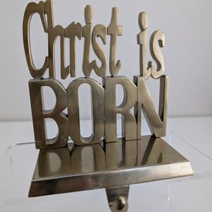 MCM Vintage 'Christ is Born' Stocking Hanger Holder Brushed Brass Gold Christmas